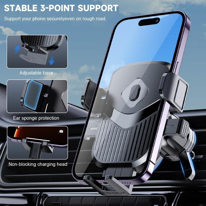 Car Phone Holder, 360 Degree Rotation Air Vent Mobile Phone Stand Cradle with Stable Hook Clamp, Hands-Free Automotive Interior Cellphone Mount