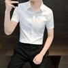 New Summer Fashion Handsome Casual Stripe Versatile Short Sleeved Shirt Men's Solid Lapel Button Slim High End Simple Tops