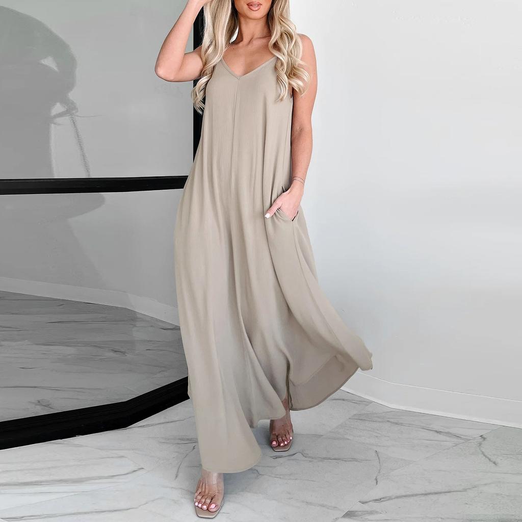 Women's Fashion Loose With Pockets Sleeveless Spaghetti Straps Solid Color Long Dresses