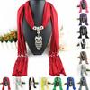 Long Fringed Solid Color Women Scarf Retro Owl Pendant Necklace Scarf Costume Accessories
