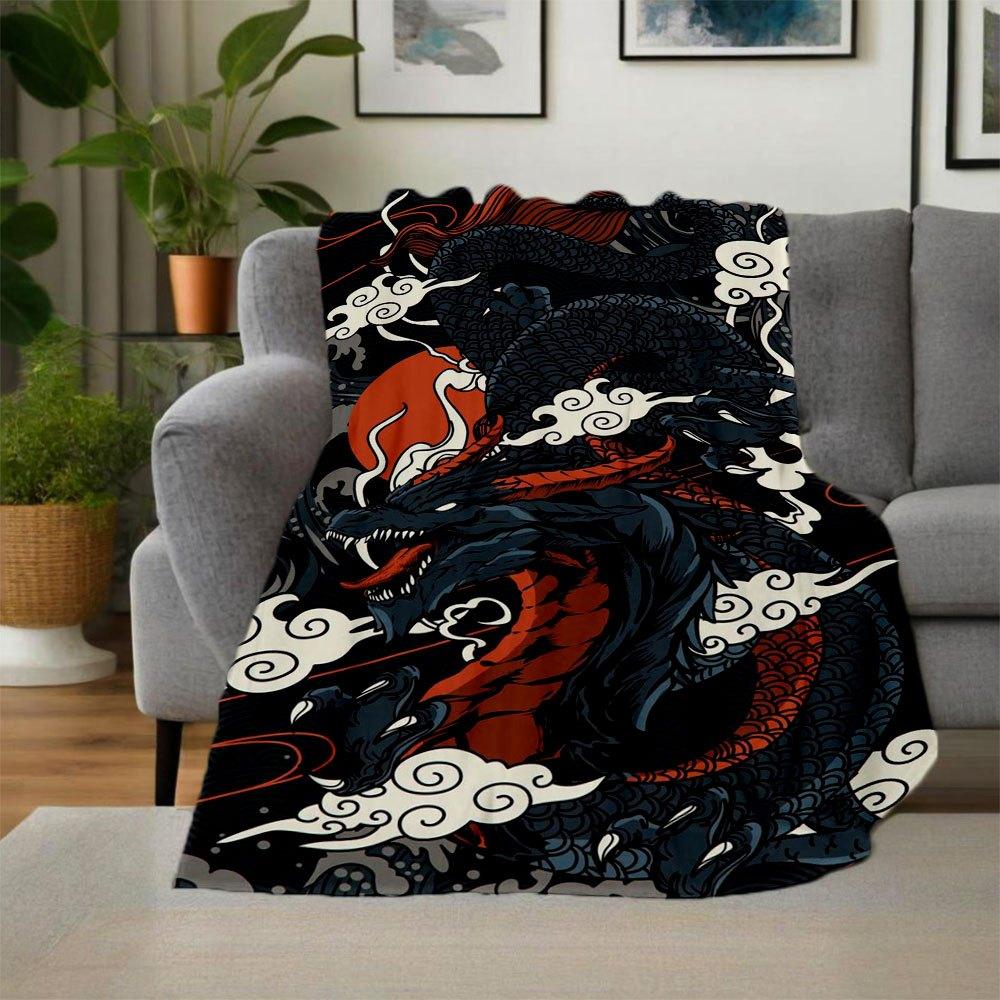 "Japanese Dragon Wall Art Poster - Traditional Tattoo Style"Blanket Flannel Throw Blanket for Sofa, Bed, Travel, Camping, Office, Couch, Cha