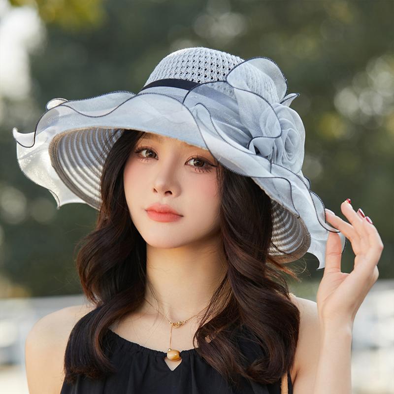 Elegant Summer Women'S Sun Hat Breathable Organdy Material Foldable Design Top Flower Organza Wide Brim Ruffled Beach Hat