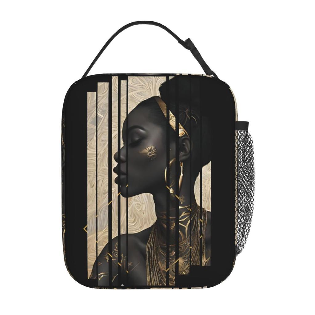 Gilded Grace African Art Black And Gold Insulated Lunch Bag Leakproof Lunch Container Cooler Bag Lunch Box Tote Beach Travel