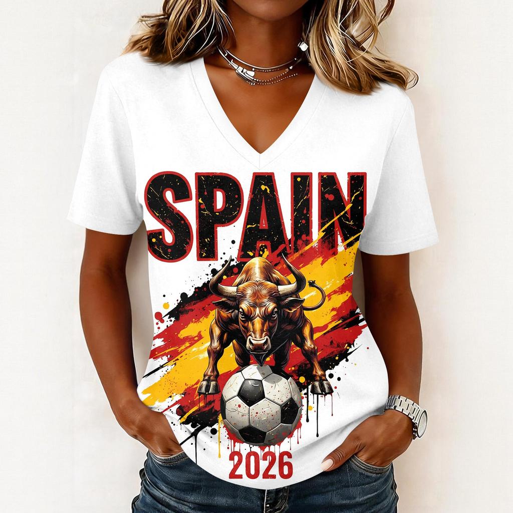 Women's Short Sleeve V-Neck T-Shirt with Soccer Flag Print for Casual Day Wear