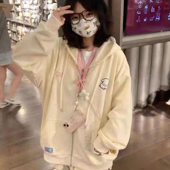 Harajuku Kawaii, розовая весенне-осенняя толстовка на молнии, женская толстовка в японском стиле, милая мультяшная бежевая куртка с капюшоном, большие корейские девичьи толстовки