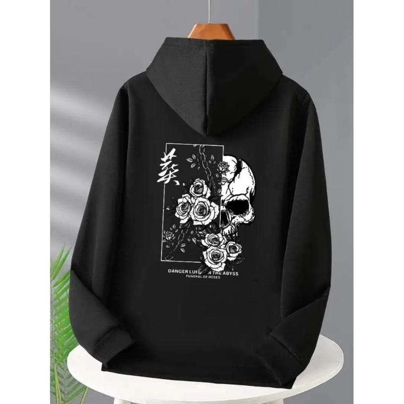 Dark Gothic Style Skull Rose with "Kui" Character Print Hoodie, a Trendy and Cool Player's Abyssal Aesthetic Outfit Bomb