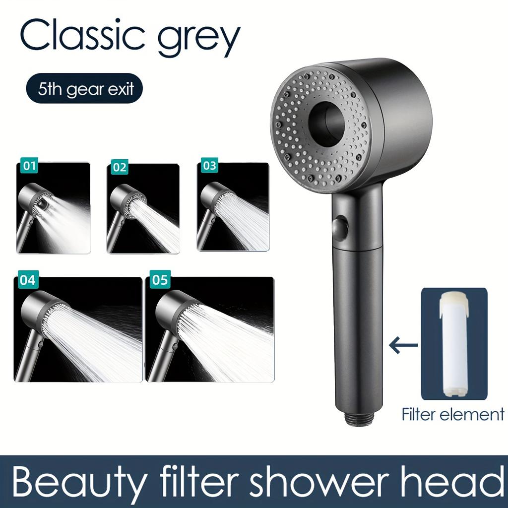 High Pressure Handheld Showerhead Set with 5 Mode Settings, Wall Mount Plastic  Includes Filter Element1.5m Explosion-Proof Hoseand No-Drill Bracket
