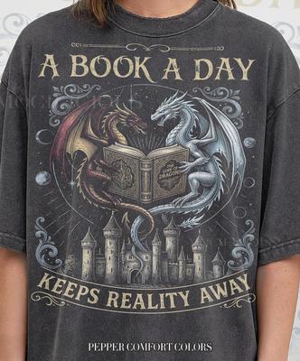 A Book A Day Keeps Reality Away Dragon Comfort Colors® Tshirt, Fantasy Castle Book Lover Gothic Mythical Creature Vintage Bootleg Tee