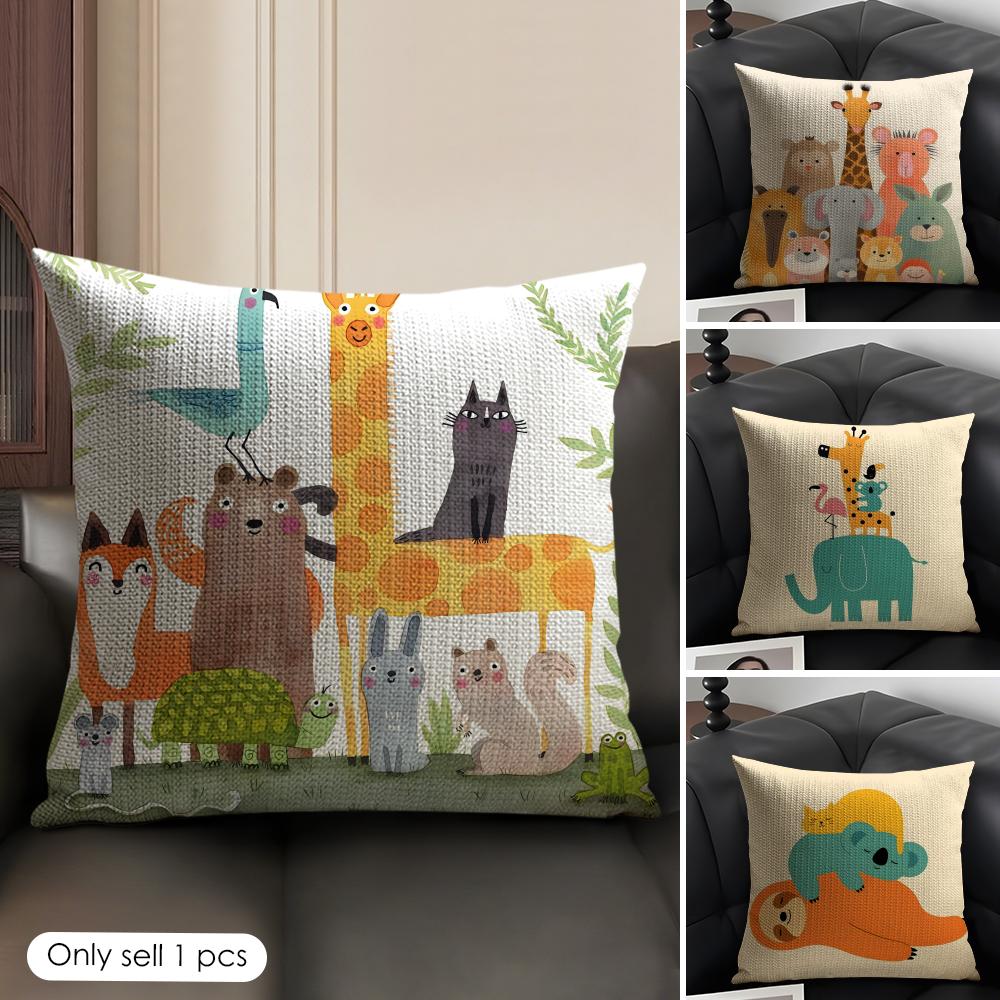 Cartoon Animals Cushion Cover Natural Linen Organic Fabric DoubleSided Printing Sofa Home Decor Gift Pillow Case