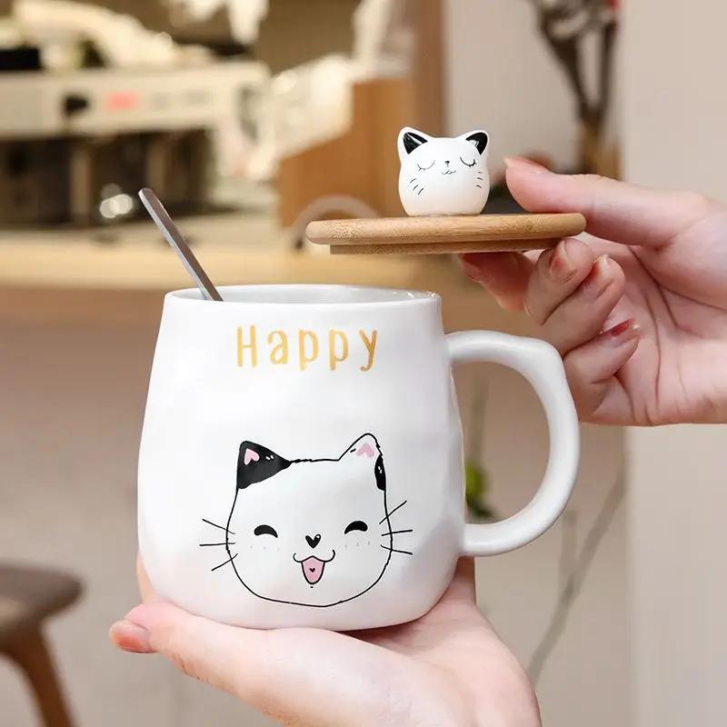 Creative Cartoon Ceramic Cup With Lid and Spoon Cute and Different Cups of Coffee Breakfast Milk Coffee Cup Office Cat Mug Mugs