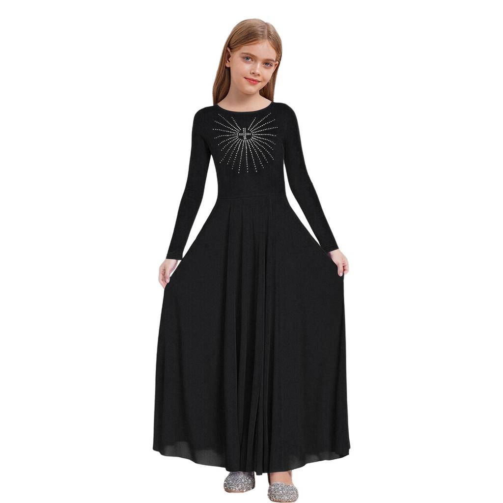 Girls Worship Dance Costume Long Sleeve Round Neck A Line Maxi Dress Glittery Rhinestone Choir Outfit
