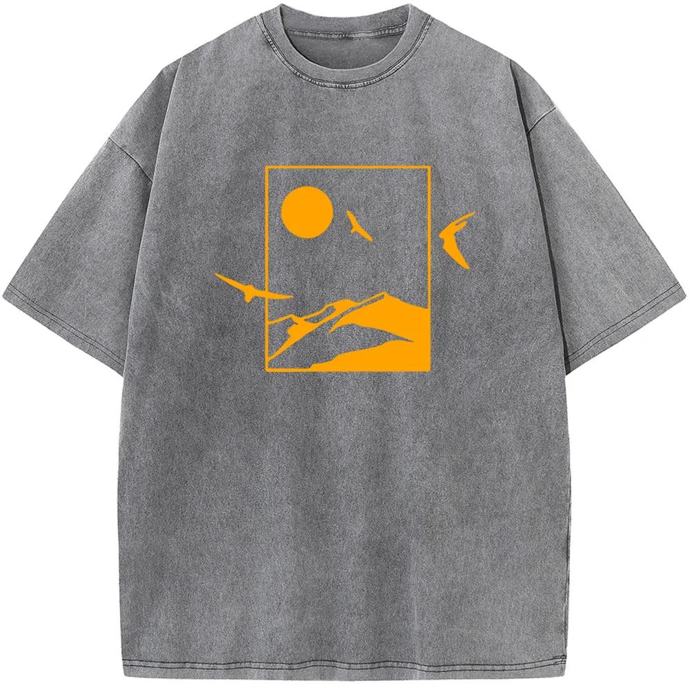 Мужская выбеленная рубашка с геометрическим рисунком в горном стиле, винтажная выбеленная футболка, топы, летние повседневные хлопковые футболки с круглым вырезом, выбеленная футболка