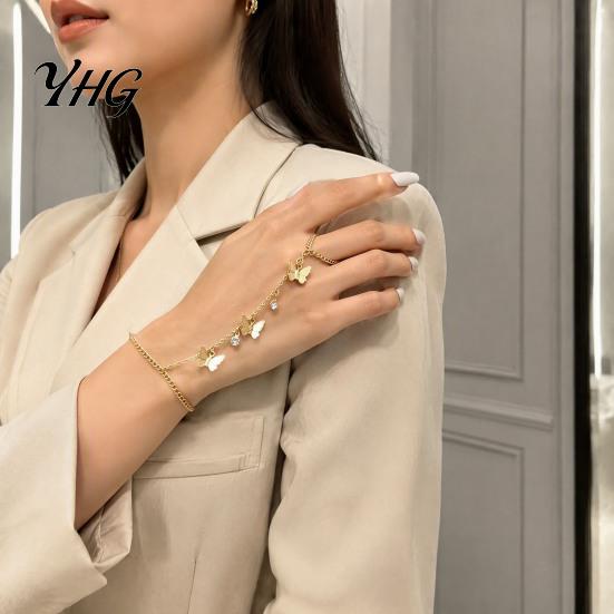 Party Jewelry for Ladies Golden Hand Chain Bracelet Women, Metal Butterfly Tassel with Ring Finger Ring, Harness Chic Accessory