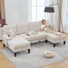 Large U-shaped 4-seater sofa, soft linen fabric, modern backrest, two chaise lounges, stable feet, cozy seat cushions, decorative cushions, Beige