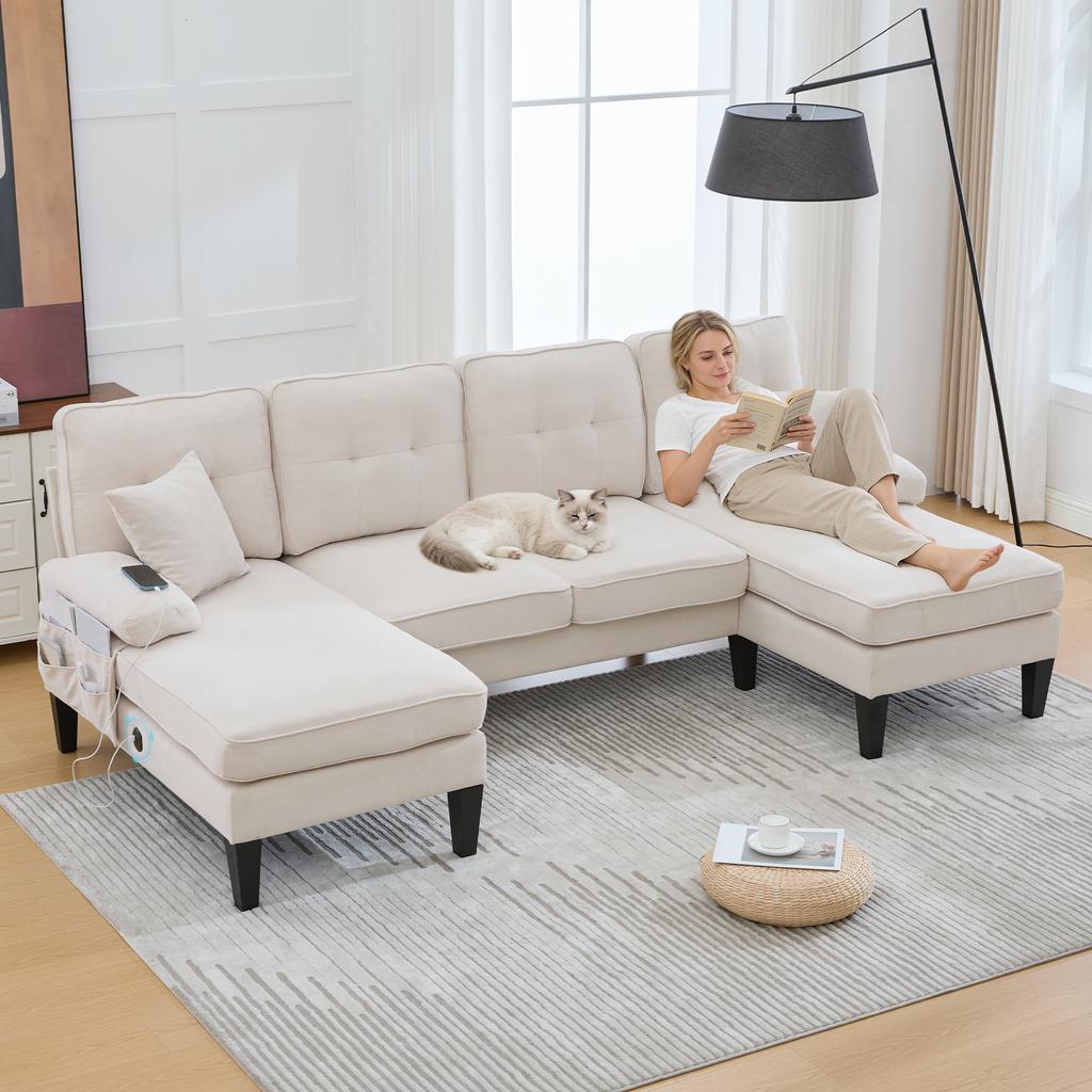 Large U-shaped 4-seater sofa, soft linen fabric, modern backrest, two chaise lounges, stable feet, cozy seat cushions, decorative cushions, Beige