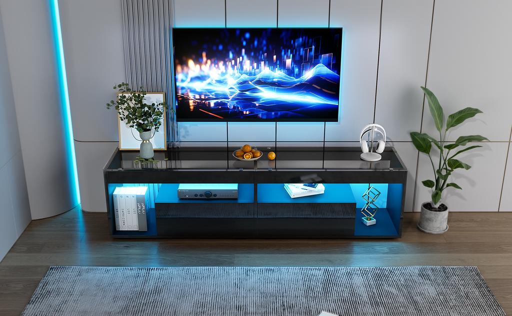 LED High-Gloss TV Cabinet, Suitable for TVs up to 70 Inches, Black TV Cabinet with 2 Drawers, Console Table for Living Room and Bedroom, Black