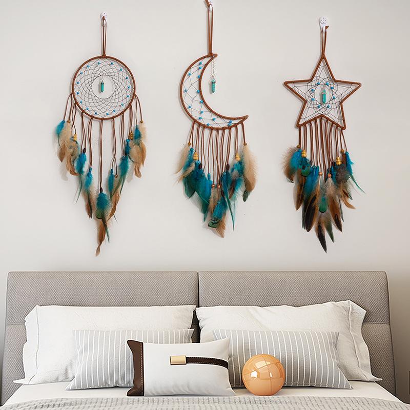 Energy Stone Pendant Feather Dream Catcher Hanging Decor Home Wall Ornament with LED Light Strip