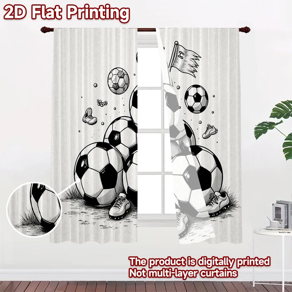 2D FLAT PRINTING 2pcs Curtains (Without Rod) Soccer Balls and Shoes Minimalist Chic Curtains Fabric Curtains Home Decor Use for