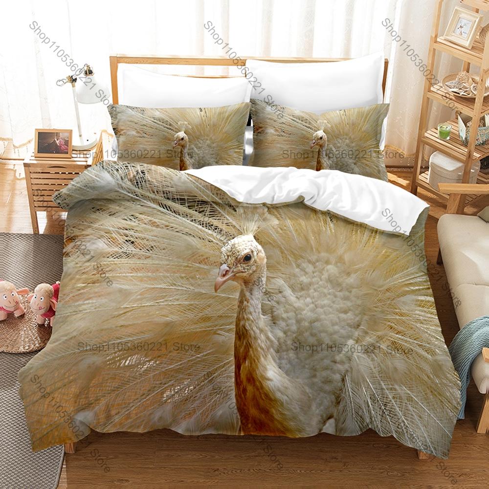 Peacock Printed Bedding Set, Duvet Cover + 2 Pillowcases Elegant Bird Pattern Soft Bed Sheets for Living Room Dorm Decoration