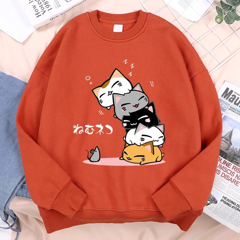 Stacked Cats Sleeping Don't See Mouse Мужская одежда Аниме-пуловеры с капюшоном Свободная флисовая толстовка Повседневная уличная одежда с круглым вырезом Пуловеры и длинные рукава мужские