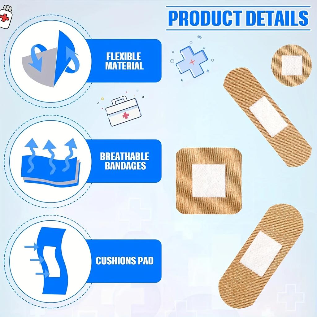 50 шт. Тканевые адгезивные пластыри - Гибкие дышащие средства первой помощи для ухода за ранами на кончиках пальцев и суставах, Семейный экстренный набор разных размеров