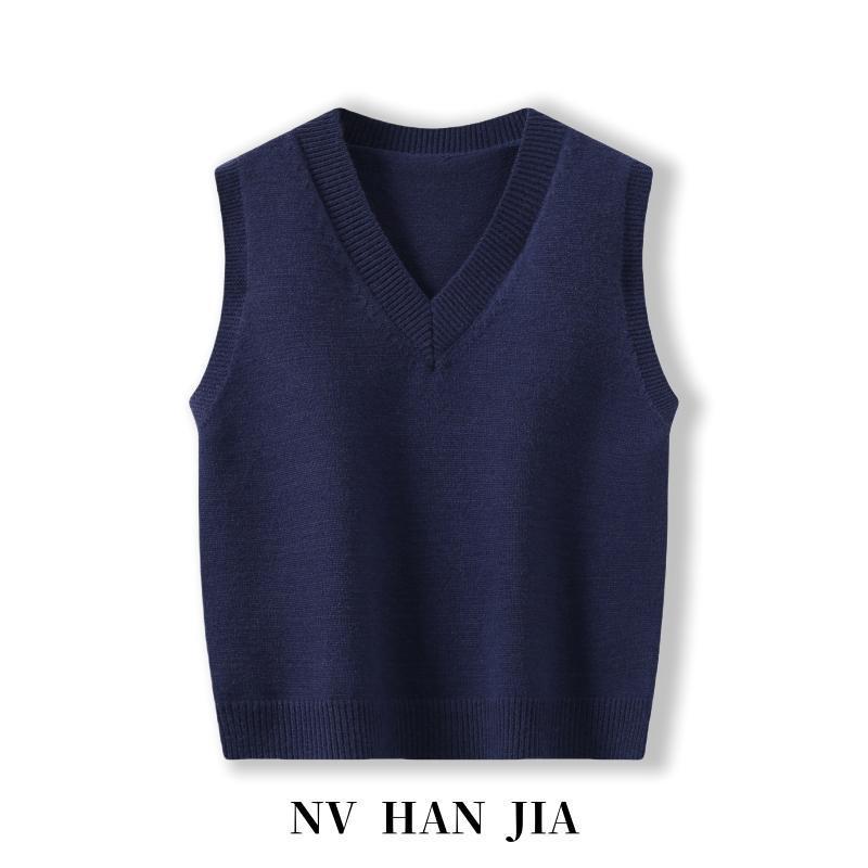 Брендовая скидка Жилет-топ без рукавов женский вязаный из чистой шерсти темно-синего цвета с V-образным вырезом – Универсальная осенне-зимняя верхняя одежда