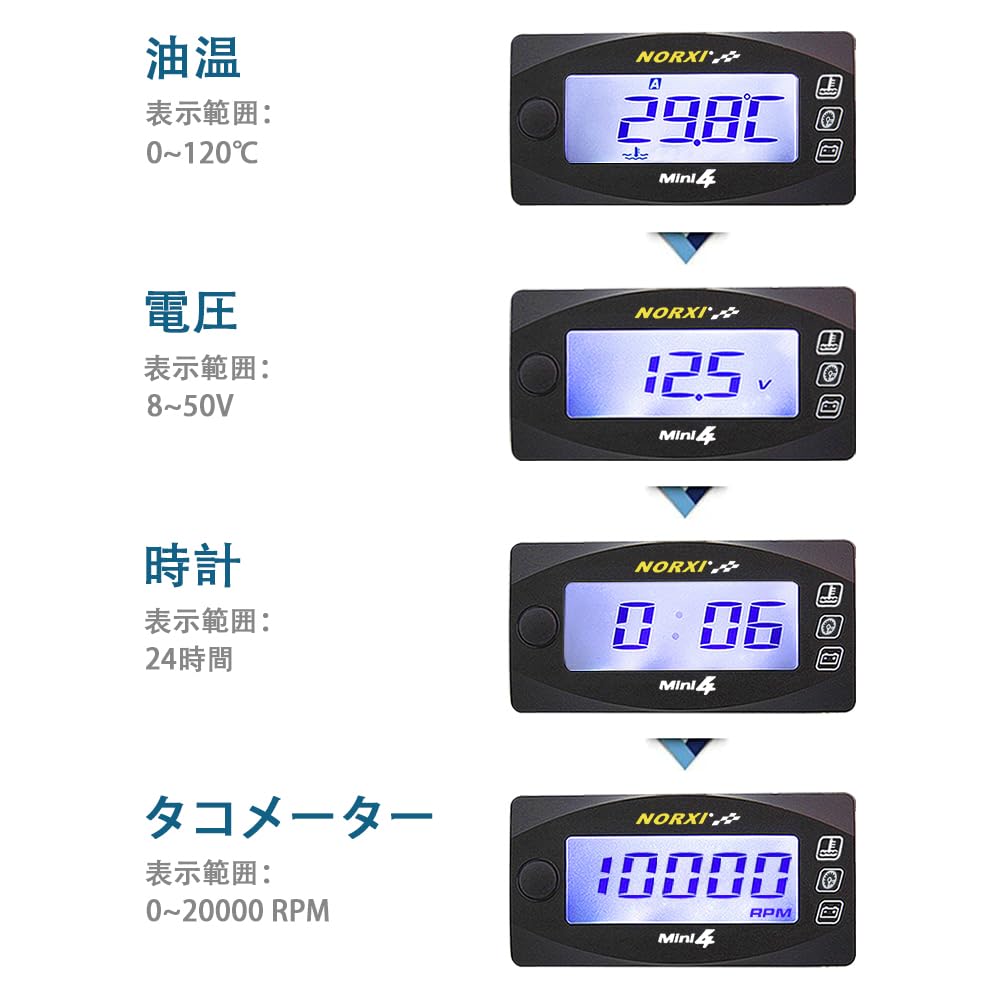 NORXI 4 In 1 Multi-functional Motorcycle Digital Meter, Mini 4 ( Temperature, Voltage, Rotational