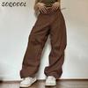 Y2K Cargo Pants Women Low Waist Drawstring Sweatpant Streetwear Vintage Baggy Wide Leg Trousers Oversized Parachute Pants Jogger