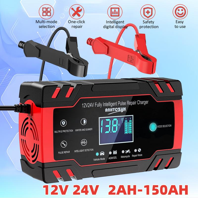 12/24V Smart Pulse Repair Battery Charger Digital Display Auto Motorcycle AGM Lead Acid Battery Maintainer Multi Protection