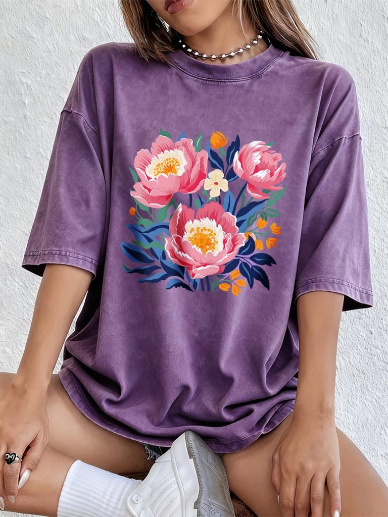 Женские washed футболки с принтом пионов, хлопковые топы с коротким рукавом, повседневные оверсайз футболки с круглым вырезом, летняя женская одежда