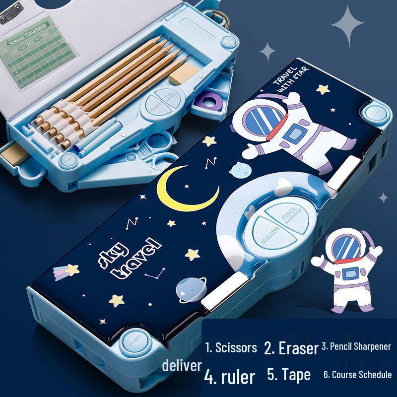 Двусторонний пенал-косметичка «Астронавт» для мальчиков: Многофункциональный, Деформируемый, Большой вместимости с кнопочным механизмом и секретным отделением