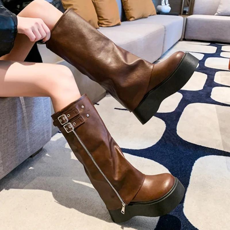 Весна Осень Женские Мотоциклетные Ботинки Британский Стиль На Толстой Подошве 2024 Сценический Подиум Ретро Молния Ремень Пряжка Дизайн Модные Ботинки