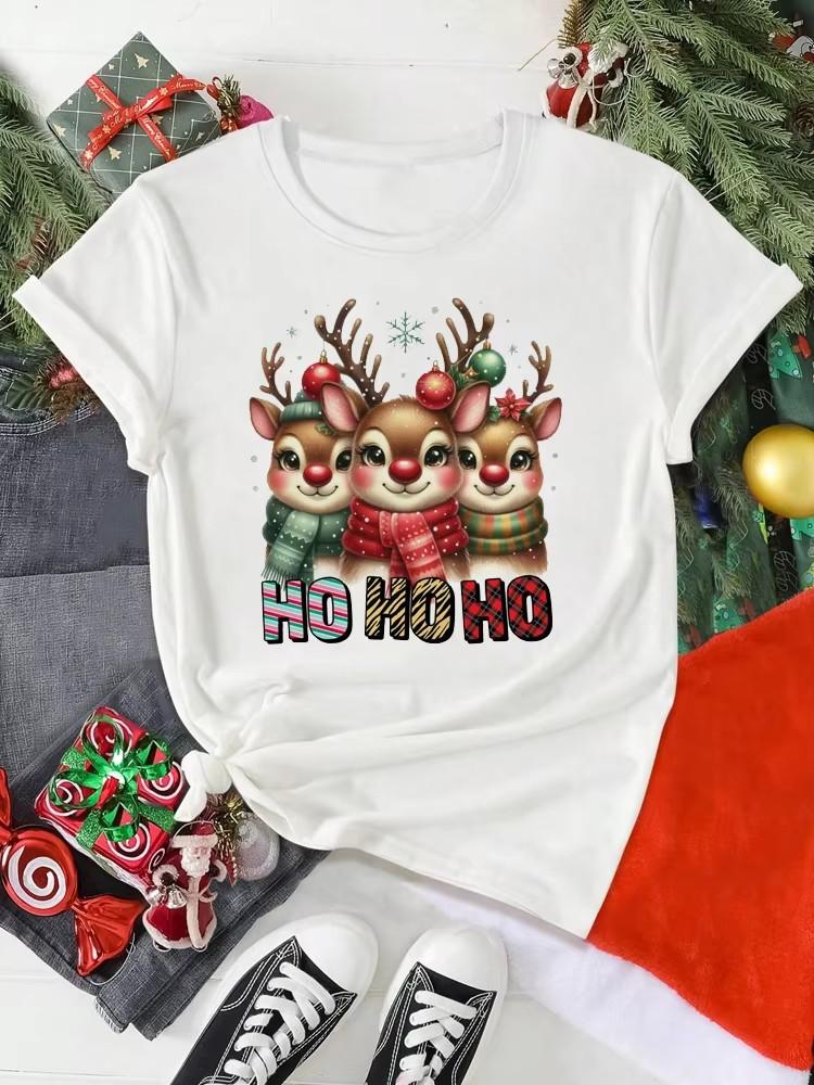 Cute Christmas Elk Printing Women T Shirt Cartoon Casual Short Sleeve Oneck Women Xmas Shirts Ladies Y2k Tshirt Aesthetic Tees