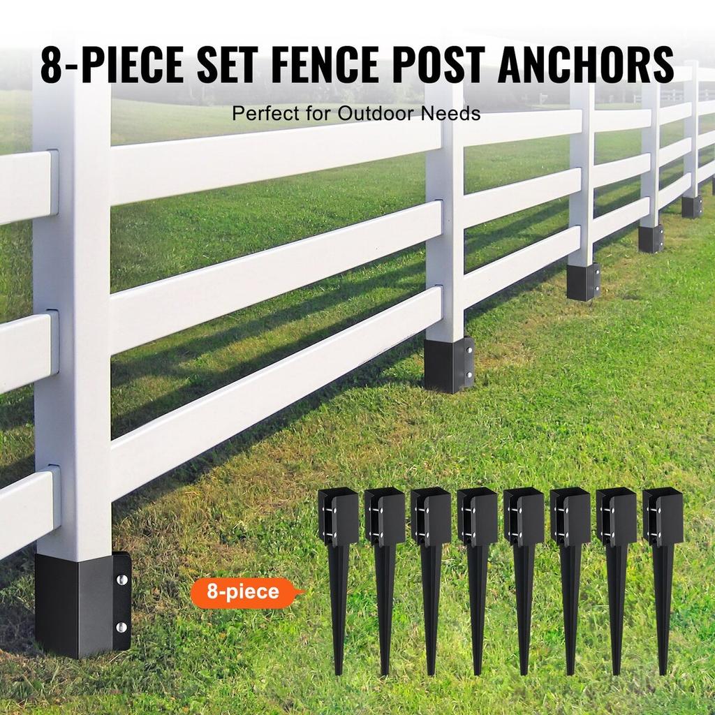 Fence Post Anchor Ground Spike, 8 Pack 24 x 4 x 4 Inches Outer Diameter (Inner Diameter 3.5 x3.5 Inches), Metal Black Powder Coated Post Stake Ground,