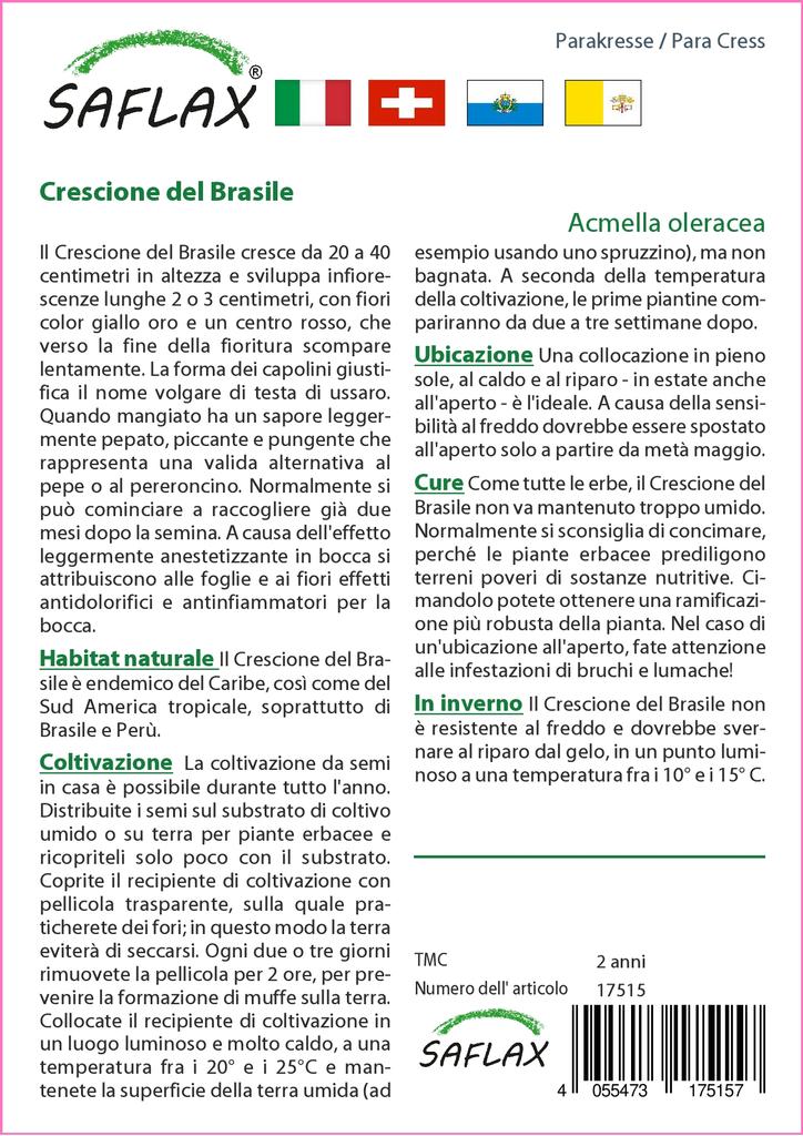 SAFLAX Подарочный набор - Кресс-салат - 500 семян - С подарочной коробкой, карточкой, этикеткой и субстратом для горшков - Acmella oleracea