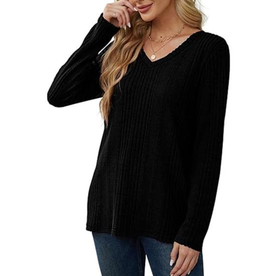 Женская туника-свитер с V-образным вырезом и длинным рукавом, однотонная, ребристая, повседневная, облегающая, трикотажная