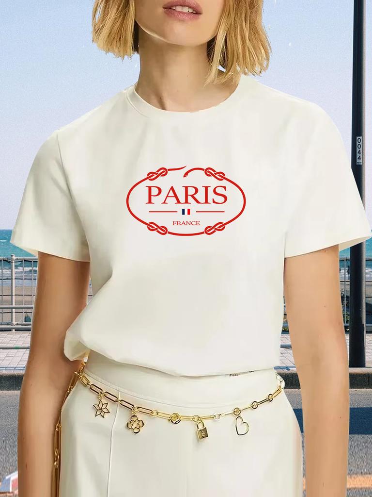 PARIS Print T-shirt, Short Sleeve Crew Neck Casual Top For Summer & Spring Women's Clothing
