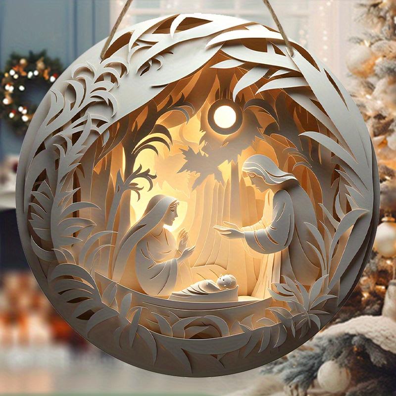 5 шт. Деревянный рождественский вертеп - 2D рельефный рождественский Иисус, семья, круглый настенный декор, не требует питания, подарок на христианский праздник