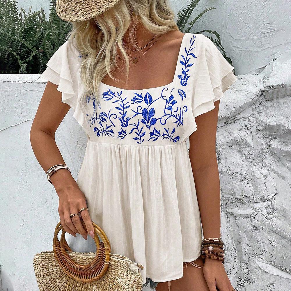 European and American women's clothing lace square collar short sleeve European and American 1116 new embroidered shirt spring and summer cool and