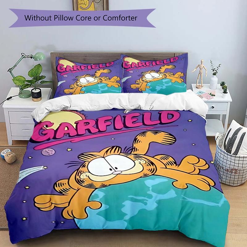 3pcs Garfield's Cosmic Adventure Printed Quilt Set - Includes 1 Quilt Cover and 2 Pillowcases, Machine Washable - Suitable for All Seasons.W037
