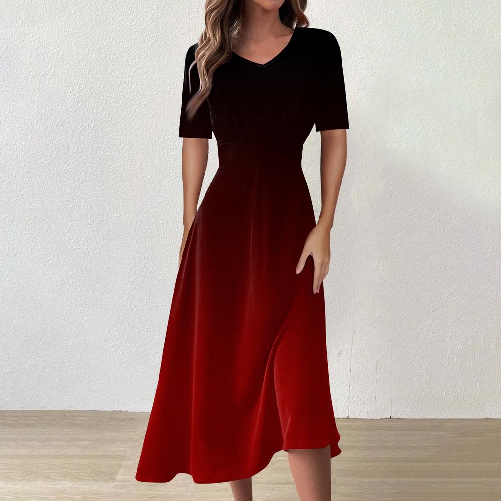 Женское повседневное модное платье с цветным V-образным вырезом и коротким рукавом на талии, длинное свободное платье