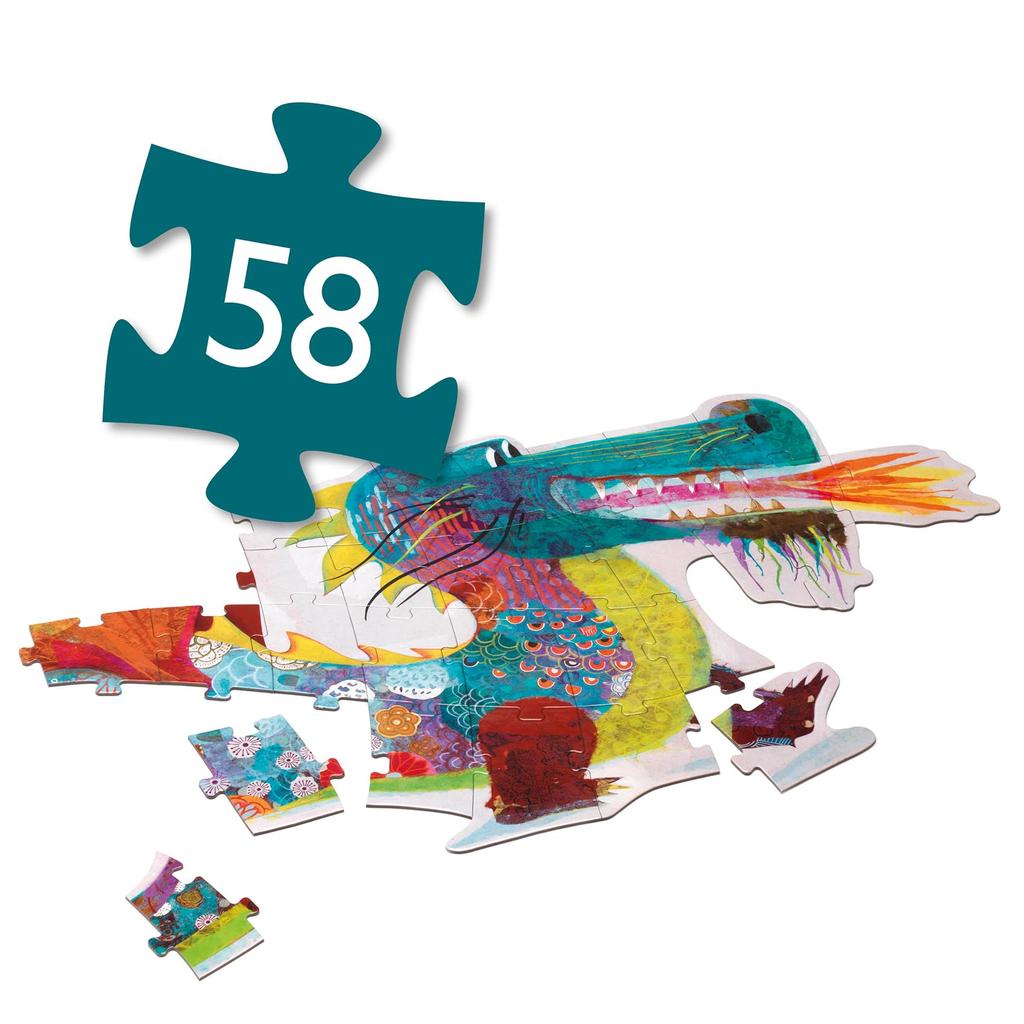 DJECO Giant Puzzle: Leon the Dragon, 58-Piece Jigsaw Puzzle, Large Puzzle, Montessori Educational Toy, Ages 4, 5, and 6, Boys, Elementary School