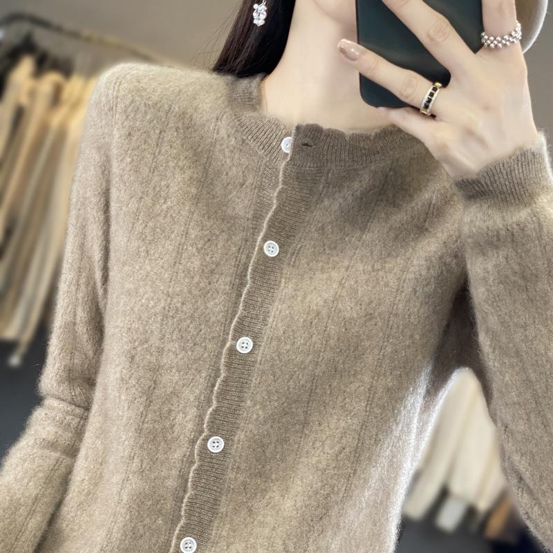 Women's Round Neck Cashmere Cardigan, Qinghe Cashmere, 30% Cashmere 70% Wool, Winter Knitted Pullover Autumn Sweater Cashmere Sweater