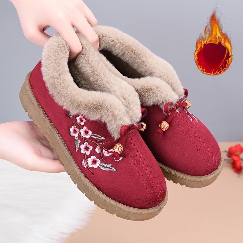 Женские зимние теплые ботинки на платформе для снега с подкладкой из искусственного меха, повседневные нескользящие короткие ботинки с вышивкой для женщин, домашняя обувь для отдыха на открытом воздухе