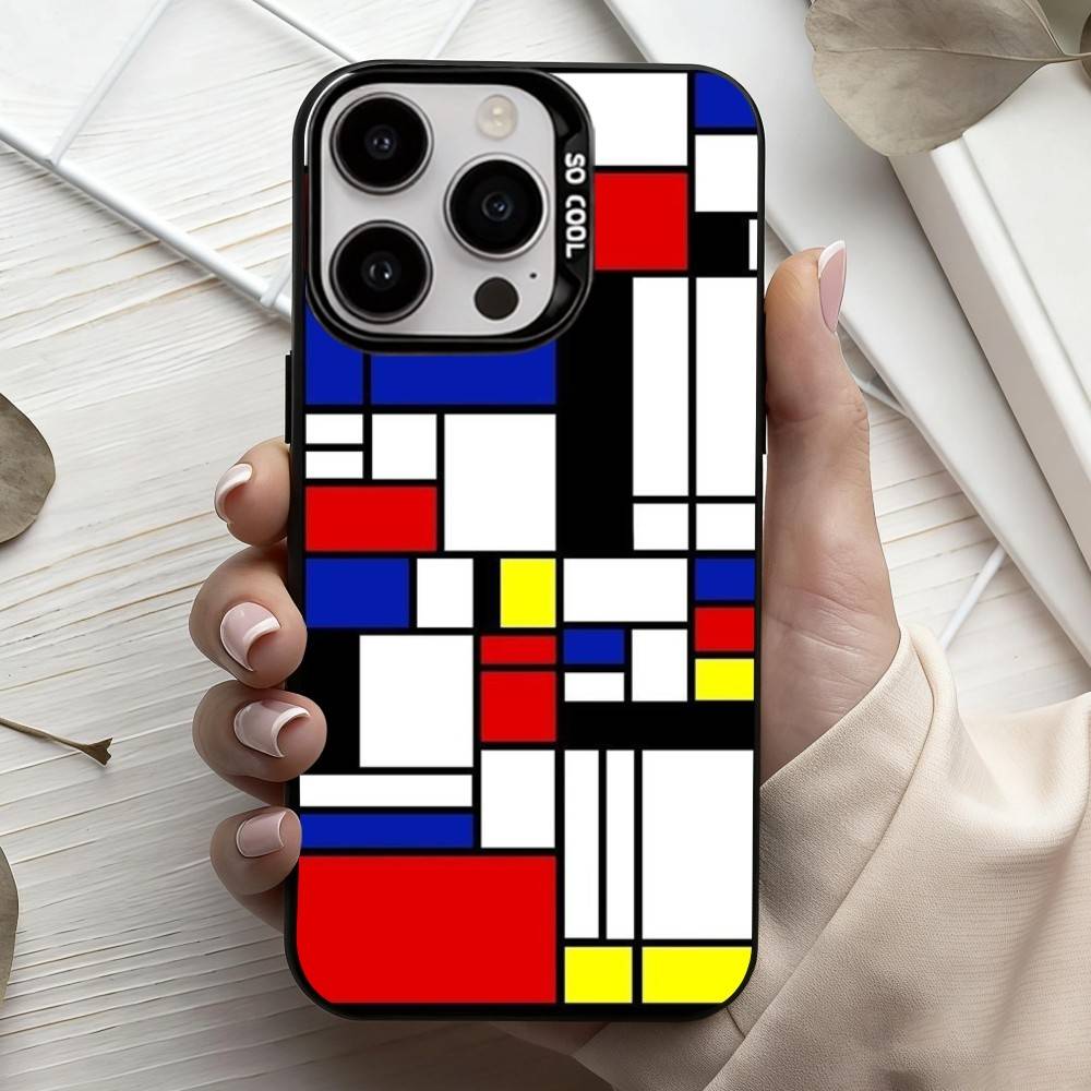 Сетка T-TOPLBPCS M-Mondrian Чехол для телефона для iPhone17,16,15,14,13,12,11 Plus,Pro Max Черный Конфетный серебристый чехол для телефона