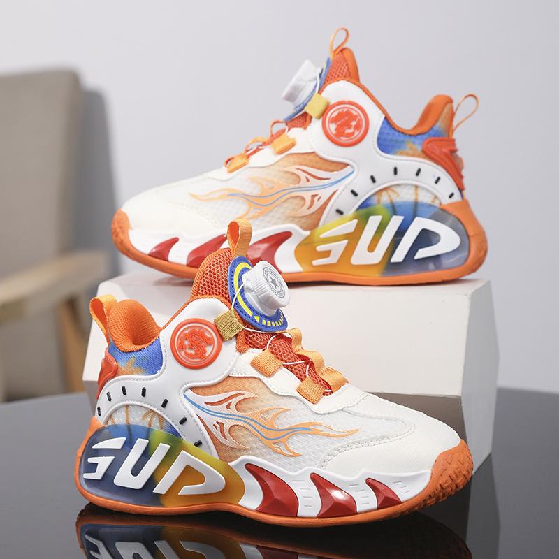 2025 Spring New Rotating Button Classmates Boys and Girls Children's Running Basketball Shoes Medium and Older Children's Wear-resistant Sports Shoes