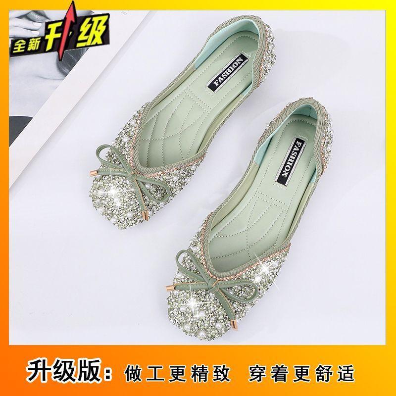 Bow Shallow Mouth Ladyshoes Flat Shoes Women's 2025 Spring and Summer New Rhinestone Single Shoes Women