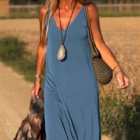 Женское летнее платье-комбинация без рукавов, повседневное платье макси с V-образным вырезом и разрезом, свободный пляжный сарафан, наряд для путешествий и отпуска