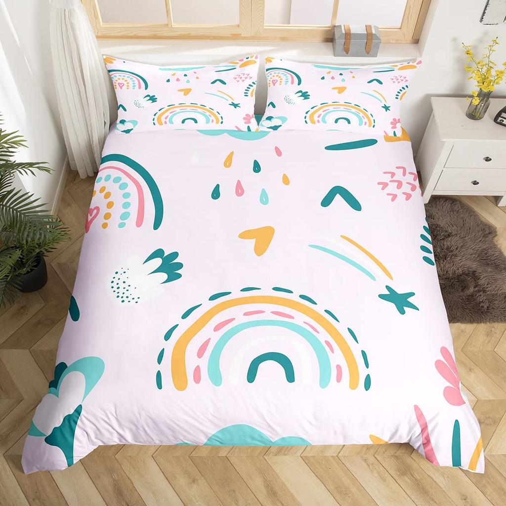 Lovely Rainbow Duvet Cover Sun Crown Cloud Rain Bedding Set Stick Figure Art Comforter Cover Kids Bedroom Polyester Quilt Cover