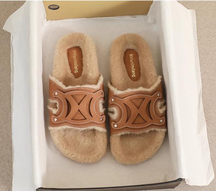 2024 Autumn Woman Faux Wool Insole Flat Slippers Brown Round Head Open Toe Slingback Slippers Female Casual Plush Fur Slippers